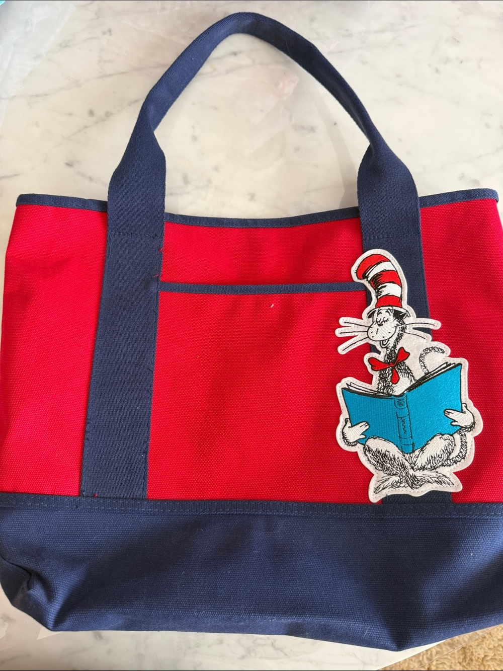 Potterybarn Kids Red and Navy Book Tote with Cat in the Hat Patch